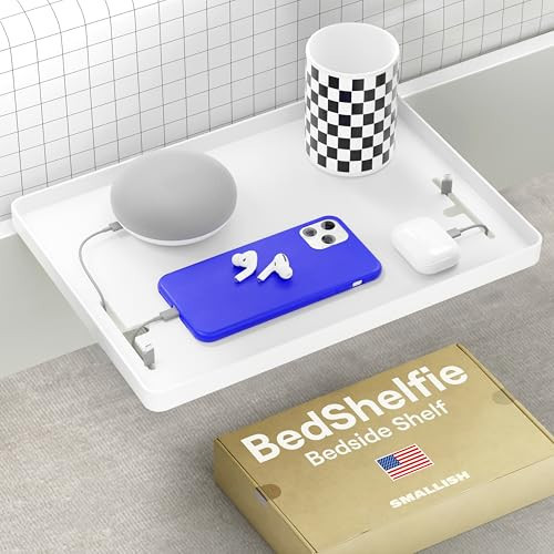 BedShelfie Bedside Shelf for Dorm Room Bunk Bed & Top Bunk, College Dorm Room Essentials, Bedside Caddy, Clip on Floating Desk Tray, Bed Side Table Storage, Loft Nightstand Decor - Cable Catch, White | Amazon (US)