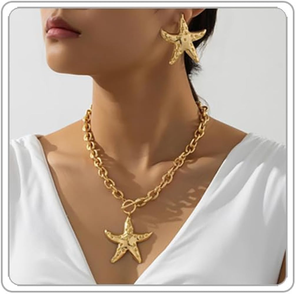 Gold Starfish Necklaces for Women Bohemian Mermaid Necklaces Summer Ocean Seashell Charm Necklace... | Amazon (US)