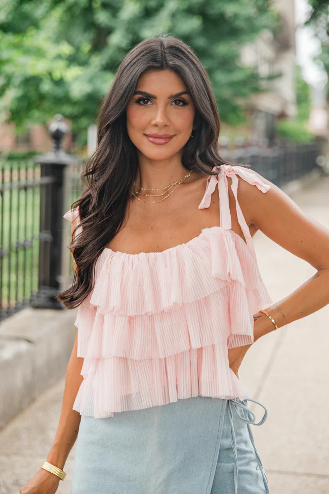 It's Giving Blush Ruffle Tulle Bow Shoulder Tank | Pink Lily