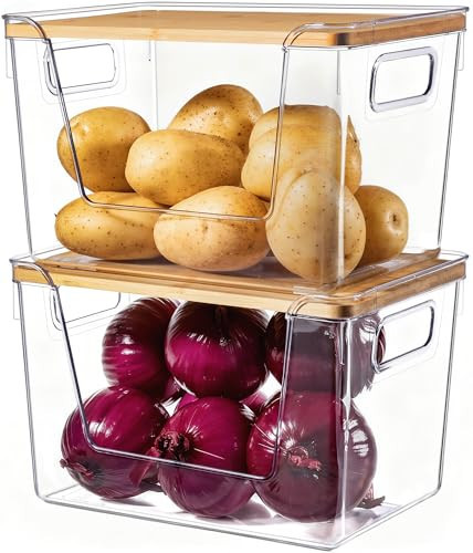 Criusia 2 Set Pantry Organizers and Storage with Bamboo Lids, Stackable Clear Bins for Onion, Potato, Fruit, Vegetables, Trash Bag Dispenser, Kitchen and Under Sink Organizer | Amazon (US)