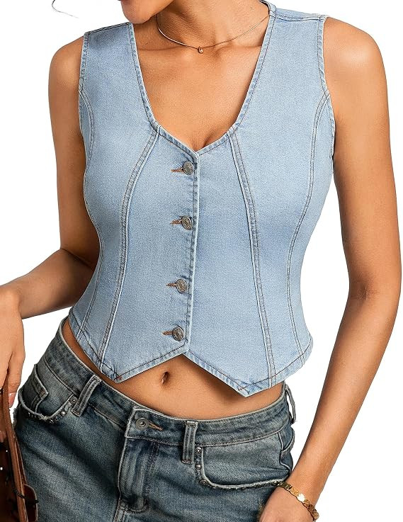 Kate Kasin Women's Denim Vest, Sleeveless Stretch Button Down Jean Vest for Women, Casual Fitted ... | Amazon (US)