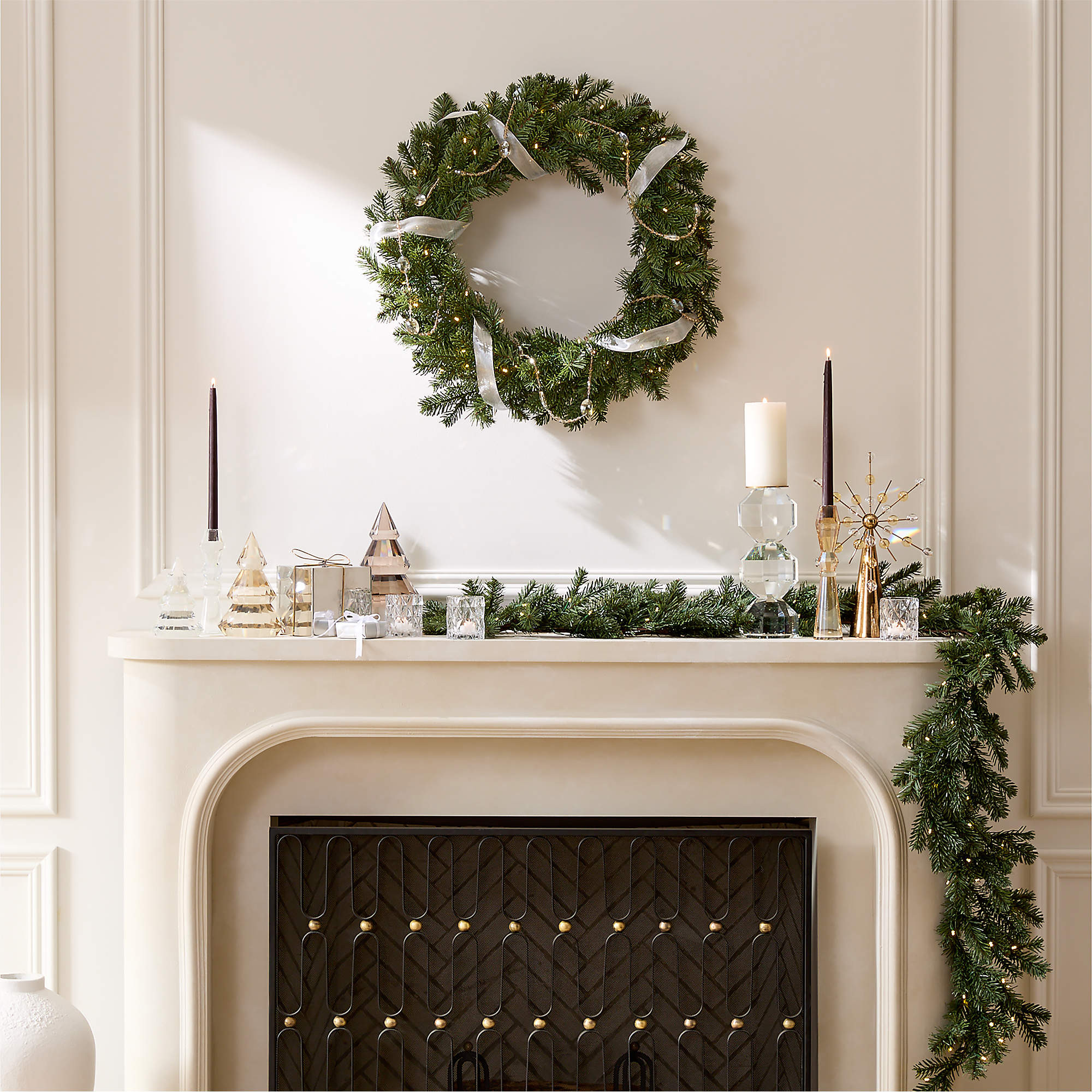 Faux Noble Fir Pre-Lit LED Holiday Garland with Warm White Lights 84" + Reviews | CB2 | CB2