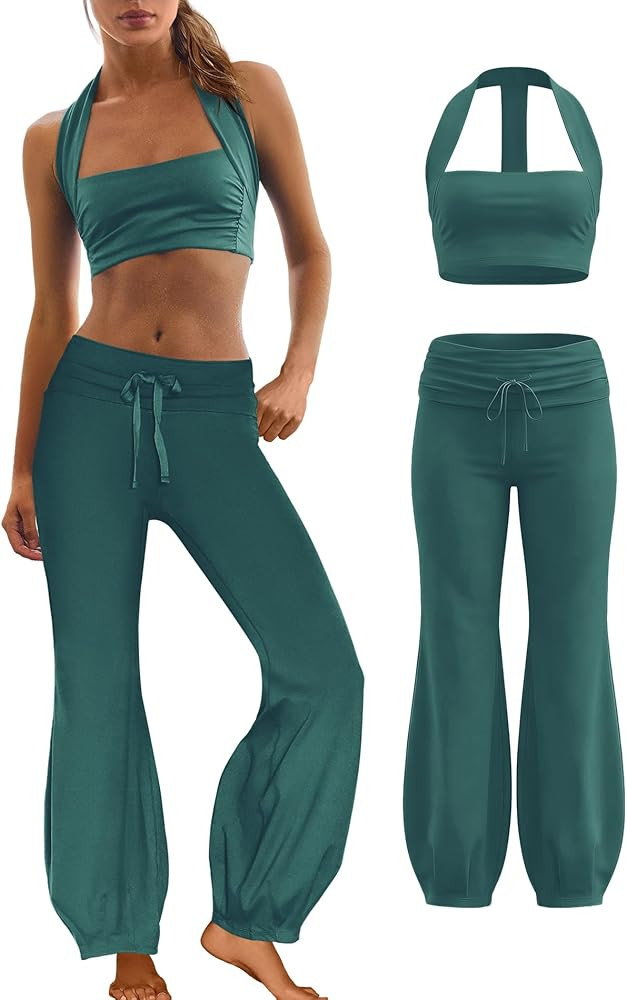 Panadila Women 2 Piece Yoga Sets Pilates Outfit Halter Sports Bra Fold Over Flare Leggings Matchi... | Amazon (US)