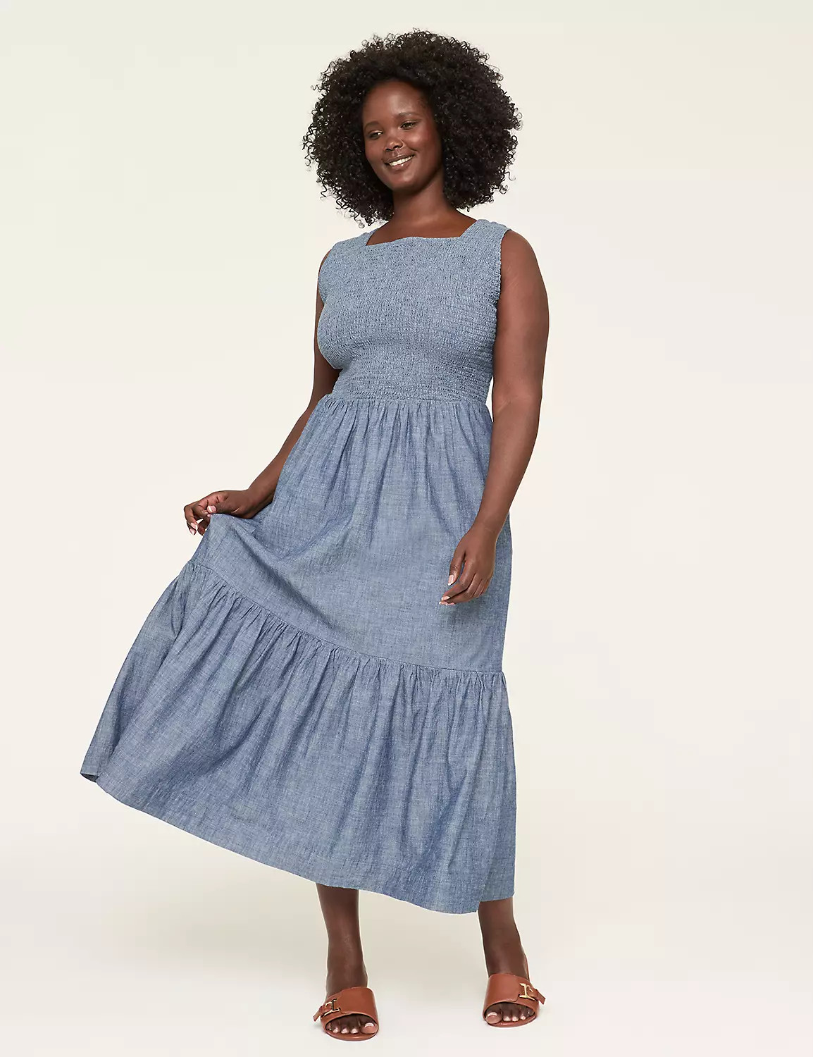 Chambray Smocked-Bodice Midi Dress | Lane Bryant (US)