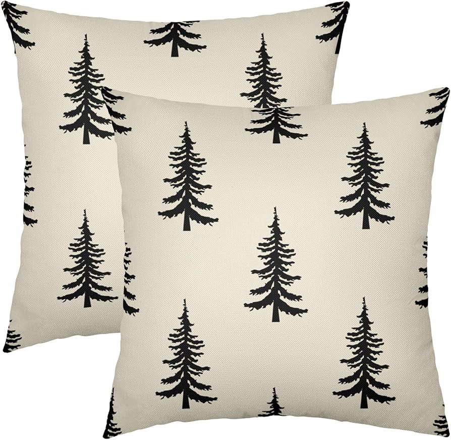 Black Christmas Tree Pillow Covers 18x18 Set of 2 Rustic Xmas Decoration Print Outdoor Decorative... | Amazon (US)