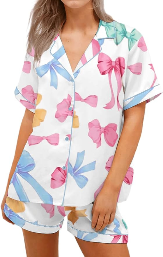 Argeousgor Women Cute Pajama Shorts Set Y2k Silk Satin 2 Piece Short Sleeve Preppy Shirt Pjs Loun... | Amazon (US)