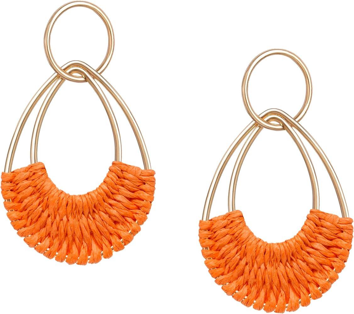 Raffia Hoop Earrings for Women Fun Boho Summer Beach Earrings Lightweight Handmade Straw Wicker R... | Amazon (US)