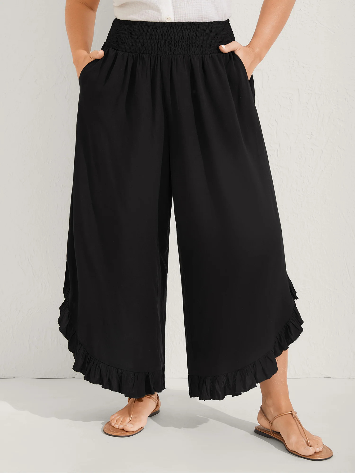 Ruffled Curvy Hem Wide-Leg Pants | Bloomchic