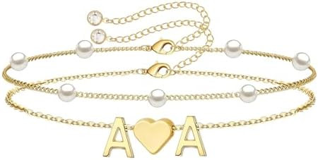 Dainty Heart Initial Bracelets for Women - 14K Gold Plated Heart Initial with Pearls Bracelet Jew... | Amazon (US)