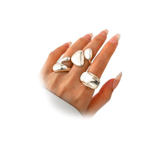 Uarein Chunky Gold Statement Ring for Women Adjustable Thick Stackable Teardrop Dome Bold Rings Polished Cuddle Geometric Band Ring Minimalist Jewelry Gifts (Silver) | Amazon (US)