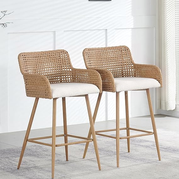 Rattan Bar Stools Set of 2, Counter Height Wicker Bar Stools with Square Back, Square Bar Chair w... | Amazon (US)