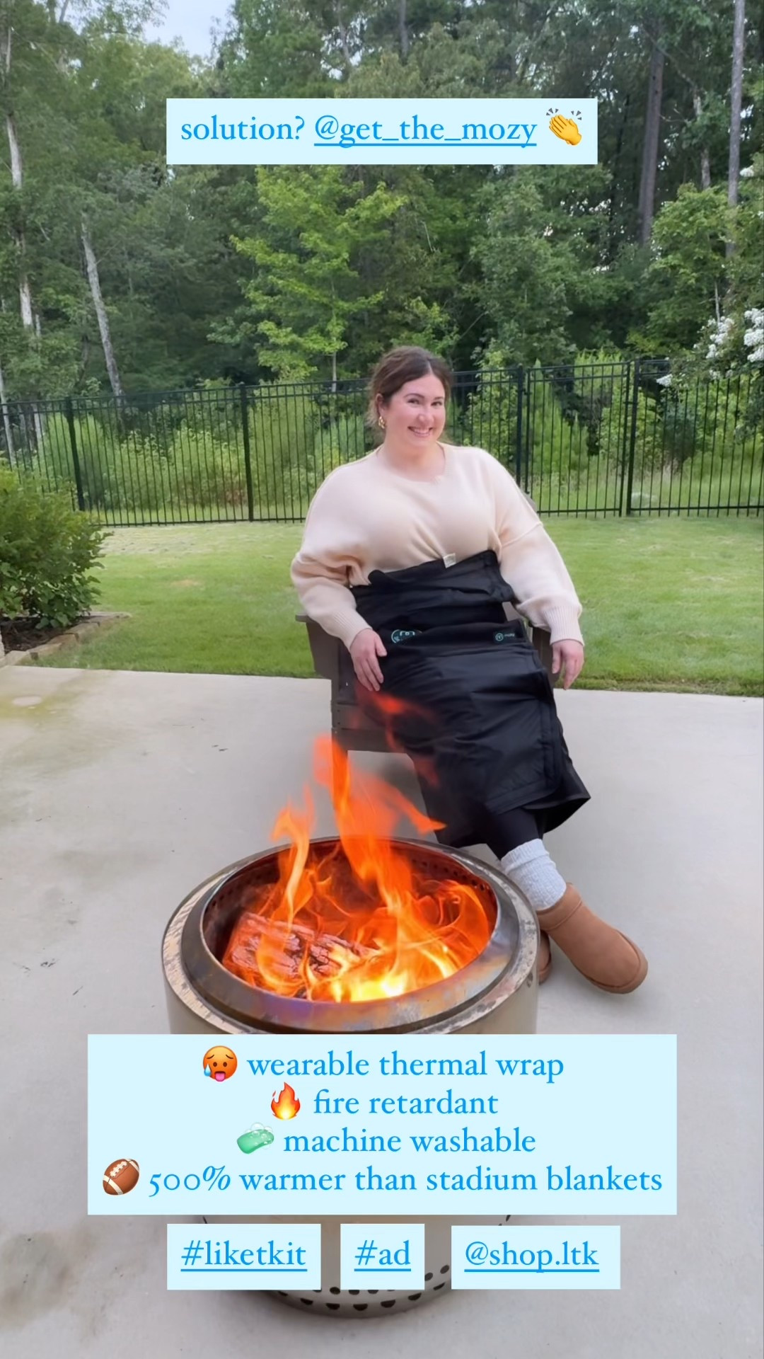 the MOZY is your solution to staying warm this fall + winter! #ad 

🥵wearable thermal wrap
🔥fire retardant
🧼machine washable
🏈500% warmer than stadium blankets

#LTKActive #LTKSeasonal