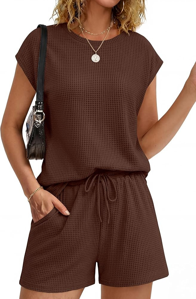 KIRUNDO Waffle Knit Short Sets For Women 2026 Summer Two Piece Cap Sleeve Lounge Set Matching Dra... | Amazon (US)
