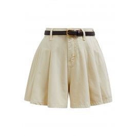 Summer Staple Pleated Belt Denim Shorts in Light Yellow | Chicwish