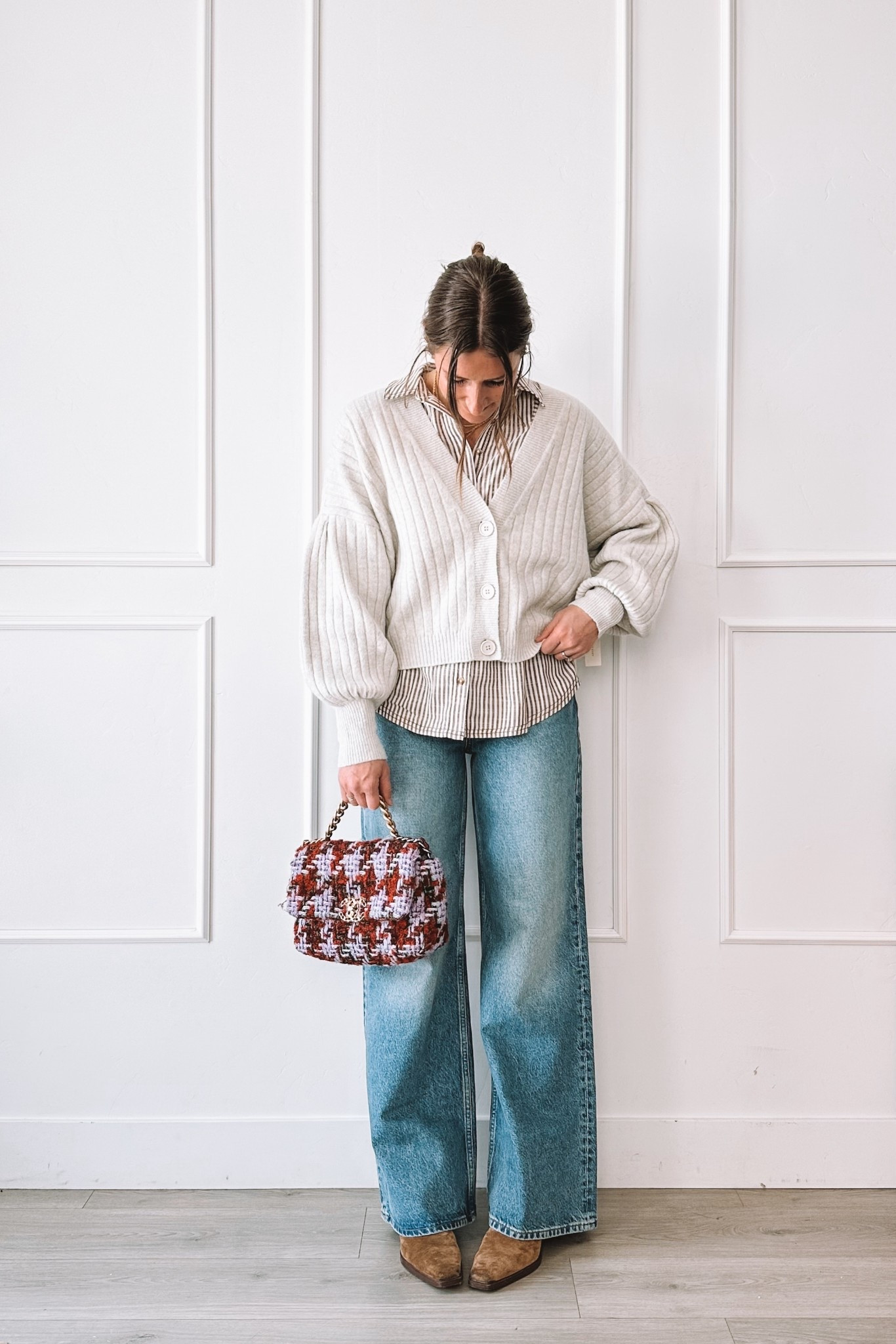 An easy everyday outfit I keep reaching for. Cozy layers that feel comfortable but still look put together—perfect for errands, school drop-off, or just feeling like yourself again. I love how the cardigan softens the look while the striped button-down adds structure, and these jeans are a go-to fit.

#LTKgrwm #LTKootd #LTKmomlife