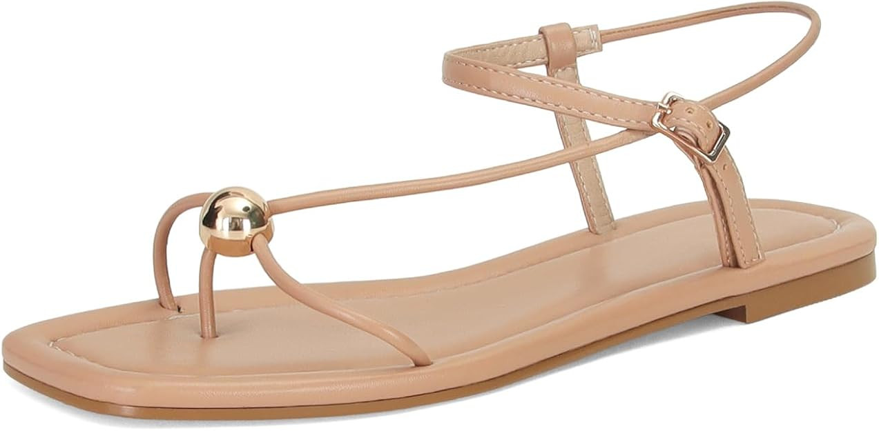 Strappy Flat Sandals for Women Comfortable Open Square Toe Sandals Dressy Beach Thong Flip Flop S... | Amazon (US)