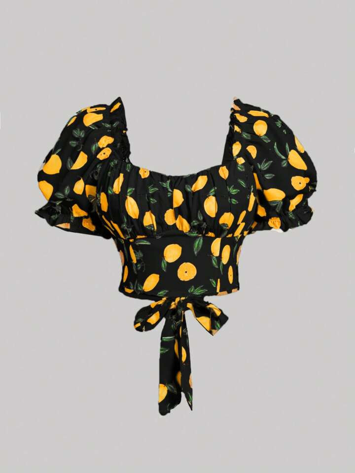 SHEIN MOD Plus Lemon Print Puff Sleeve Tie Backless Crop Blouse | SHEIN