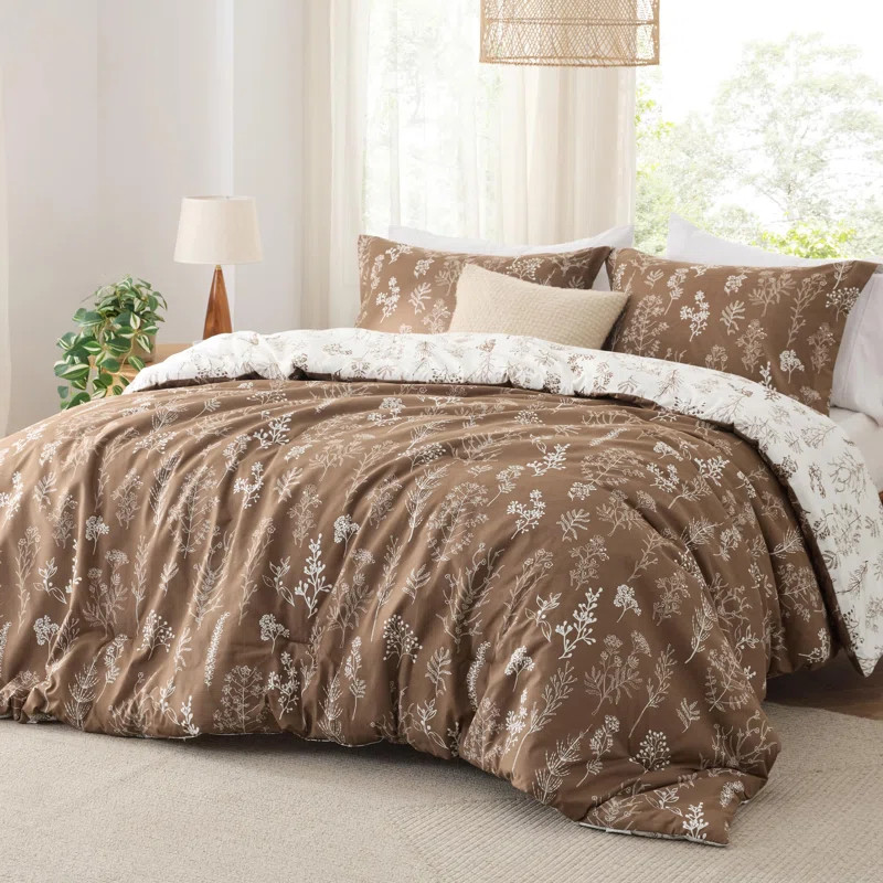 Bedsure Queen Comforter Set – 3-Piece Khaki Botanical Floral Bedding, Reversible Soft Comforter... | Wayfair North America