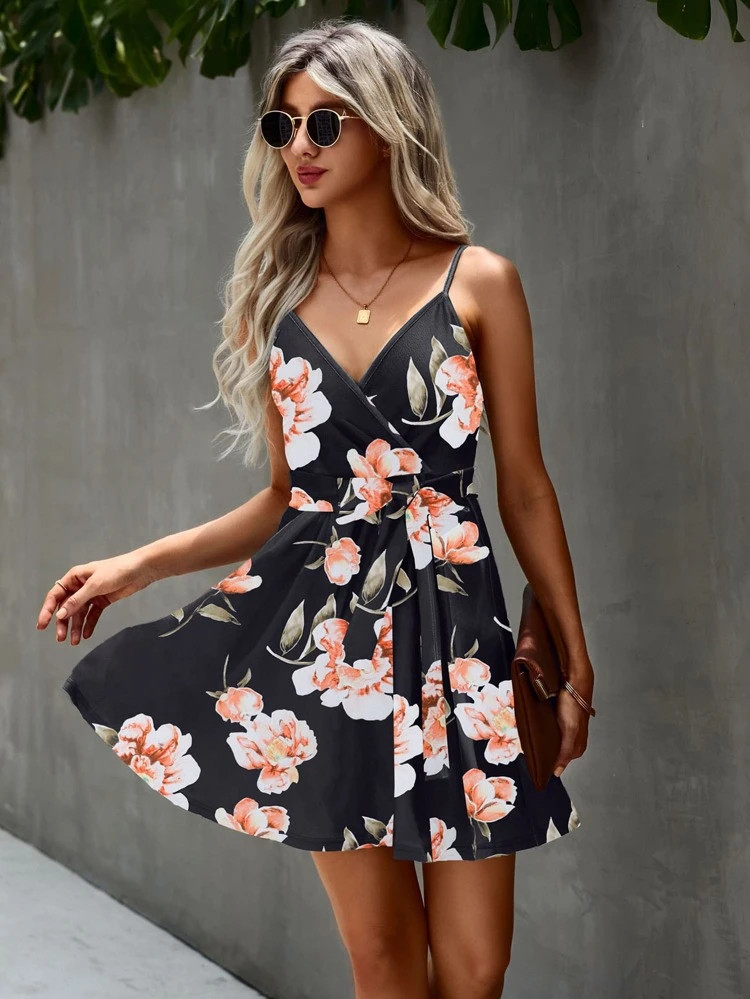 Floral Print Surplice Front Belted Cami Dress | SHEIN