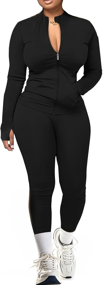 Two Piece Outfits Women Tracksuit Sets Long Sleeve Zip Up Jacket & Leggings for Gym Workout Set | Amazon (US)