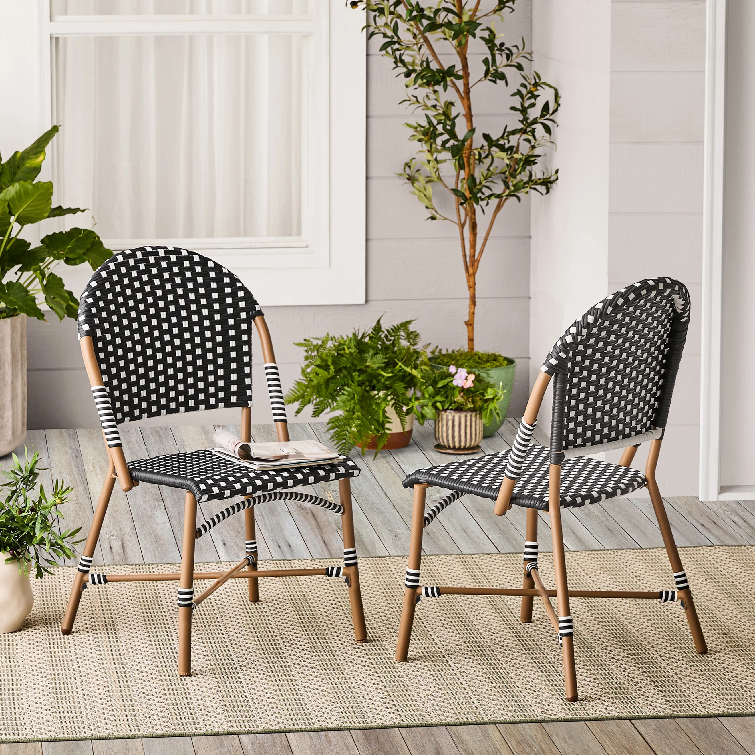 Better Homes & Gardens Lilah 2-Piece Wicker Outdoor Parisian Bistro Chairs, Black & White | Walmart (US)