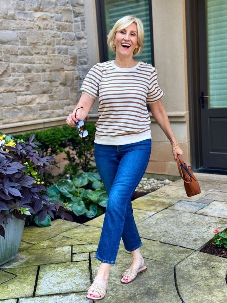 Weekend ease, styled just right 🤍 Cropped ankle jeans paired with a striped puff sleeve sweatshirt—casual comfort with a feminine twist. #EffortlessStyle #ChicAndCasual #EverydayLooks 

#LTKOver40 #LTKStyleTip #LTKSeasonal