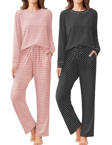 Ekouaer 2 Pack Women Pajama Long Sleeve Sleepwear Soft Loungewear Pjs Sets with Pockets S-XXL | Amazon (US)