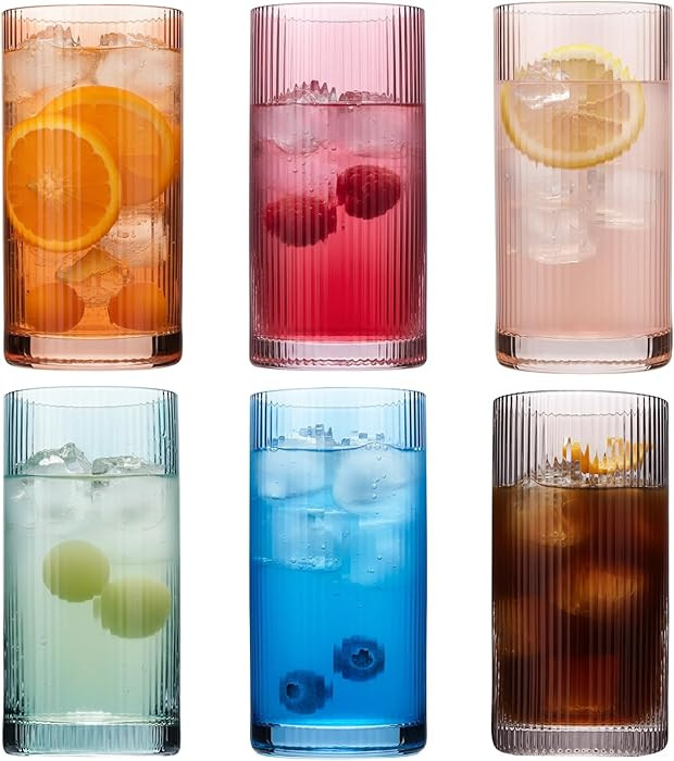 Physkoa Colored Ribbed Drinking Glasses Set of 6 - Vintage Highball Glasses Colorful,Embossed Rib... | Amazon (US)