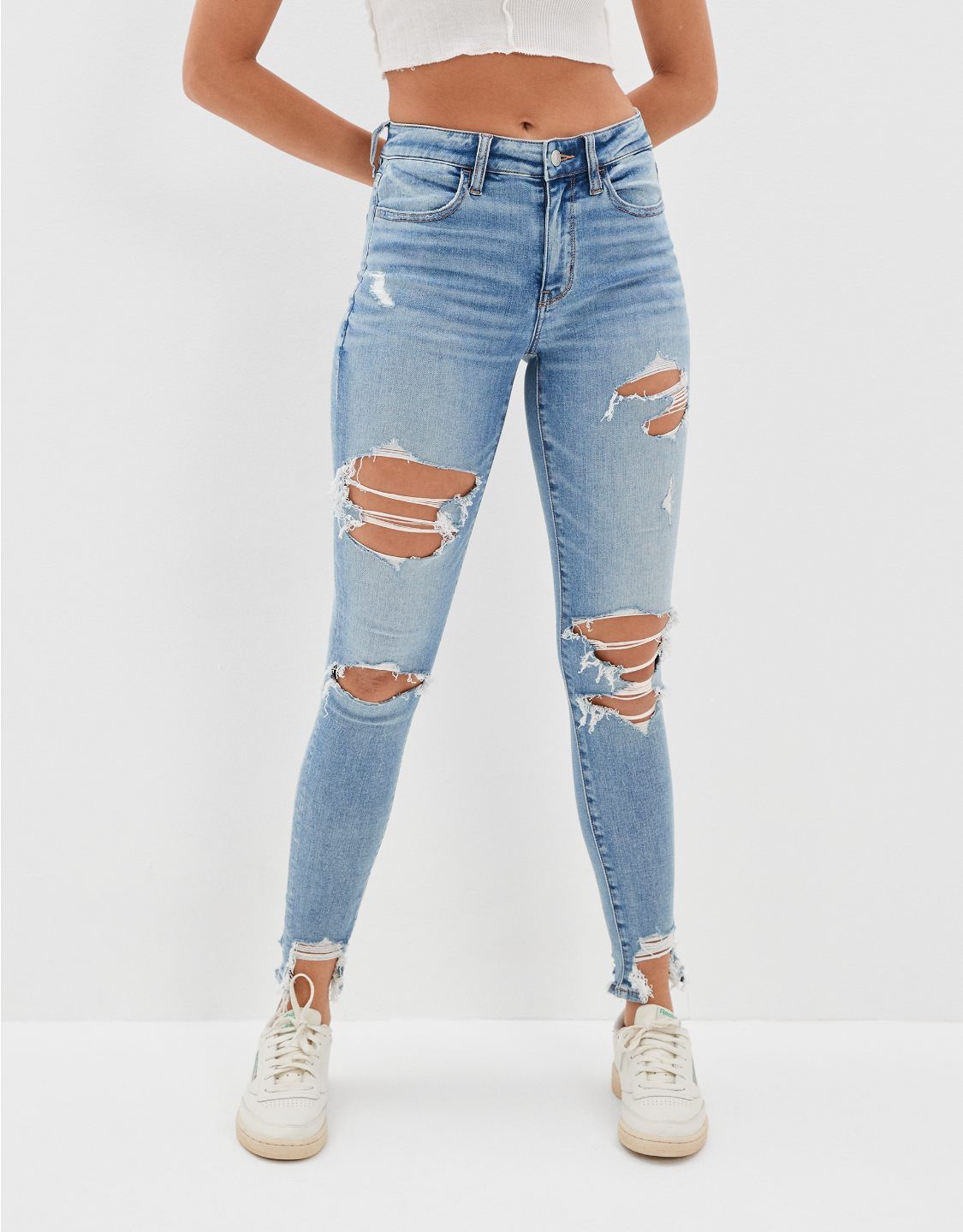 AE Real Good Upcycled Ne(x)t Level Ripped High-Waisted Jegging | American Eagle Outfitters (US & CA)