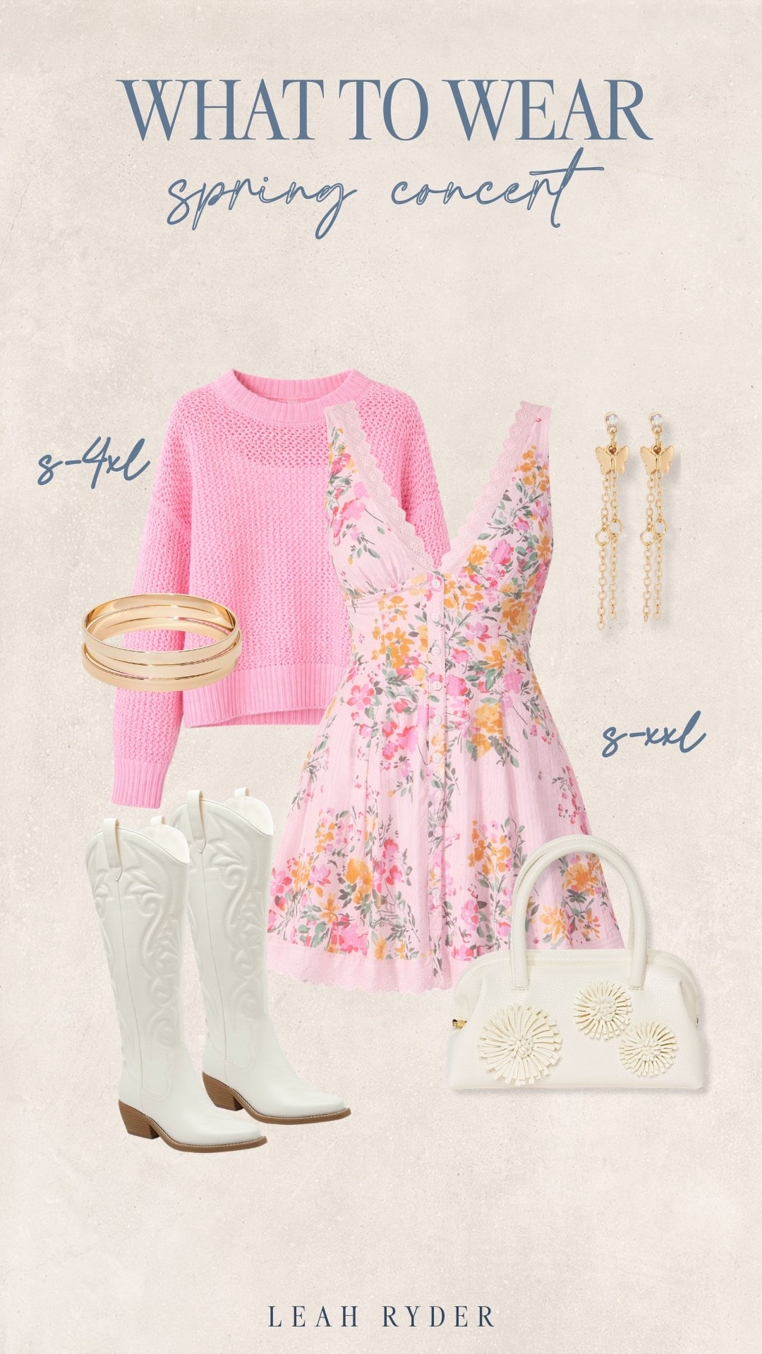 This spring concert outfit pairs a floral mini dress with classic white cowboy boots for the perfect mix of feminine and western-inspired style. Layering a cozy pink sweater over the dress makes it practical for cool spring evenings at outdoor concerts or festivals. Gold jewelry and a structured mini bag add a polished touch while still keeping the look fun and easy. This spring concert outfit is perfect for country concerts, music festivals, or casual outdoor events where you want to look cute but stay comfortable.

#LTKPlusSize #LTKspring