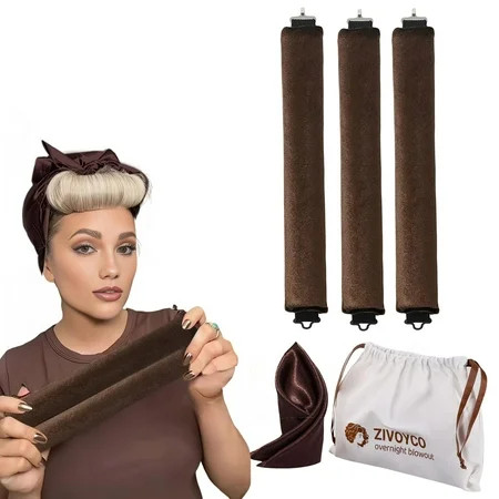 Heatless Curls with Luxury Cloth Bag Scarf Blowout Rods jumbo Heatless Curling Rod Headband to Sleep in No Heat Curling Headband with Hook for All Hair Types (Brown Rods Scarf) C31 | Walmart (US)