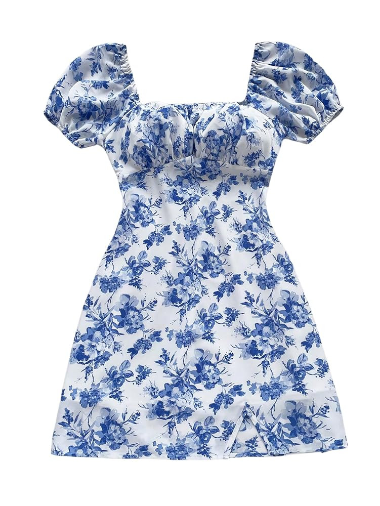 Floerns Women's Floral Puff Sleeve Square Neck A Line Dress Ruched Bust Boho Flared Mini Dresses | Amazon (US)