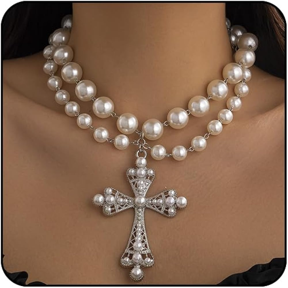 Pearl Cross Necklace Big Cross Pendants Necklaces for Women Chunky Pearl Necklace Gothic Cross Ne... | Amazon (US)