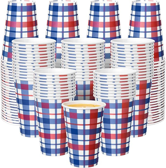 Tioncy 50 Pcs 4th of July Cups Red White Blue Gingham Paper Cup for Patriotic Party, 12 oz Dispos... | Amazon (US)