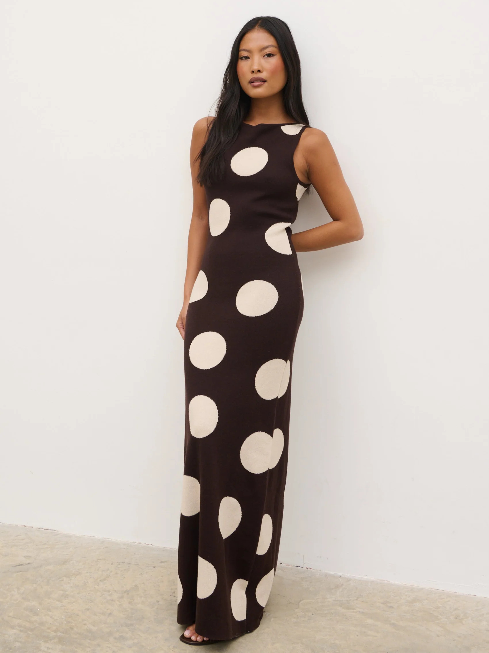Sarover Polka Dot Maxi Knit Dress - Chocolate and Cream | Pretty Lavish (UK)