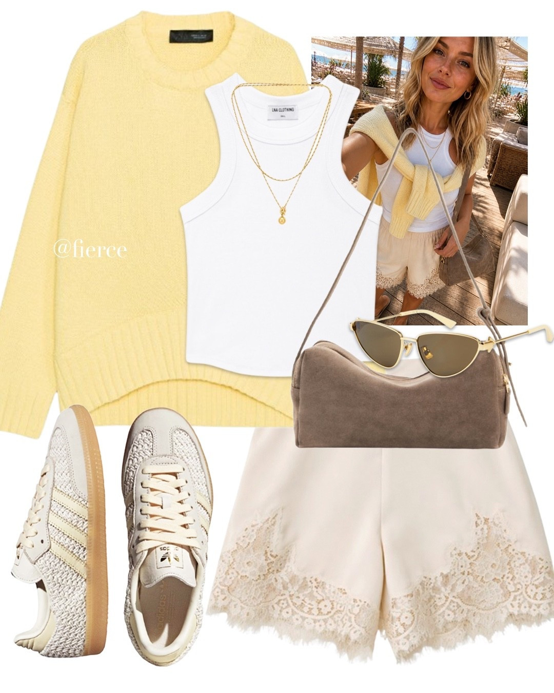 Yellow jumper satin lace shorts adidas samba crochet raffia taupe suede bag

#LTKuk #LTKsummer #LTKeurope