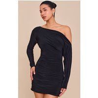 Black Double Layer Slinky Asymmetric Off The Shoulder Mini Dress | PrettyLittleThing US