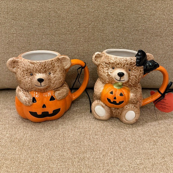 Teddy Bear Pumpkin Bow Set of 2 Halloween Mugs Creepy Critters NWT | Poshmark