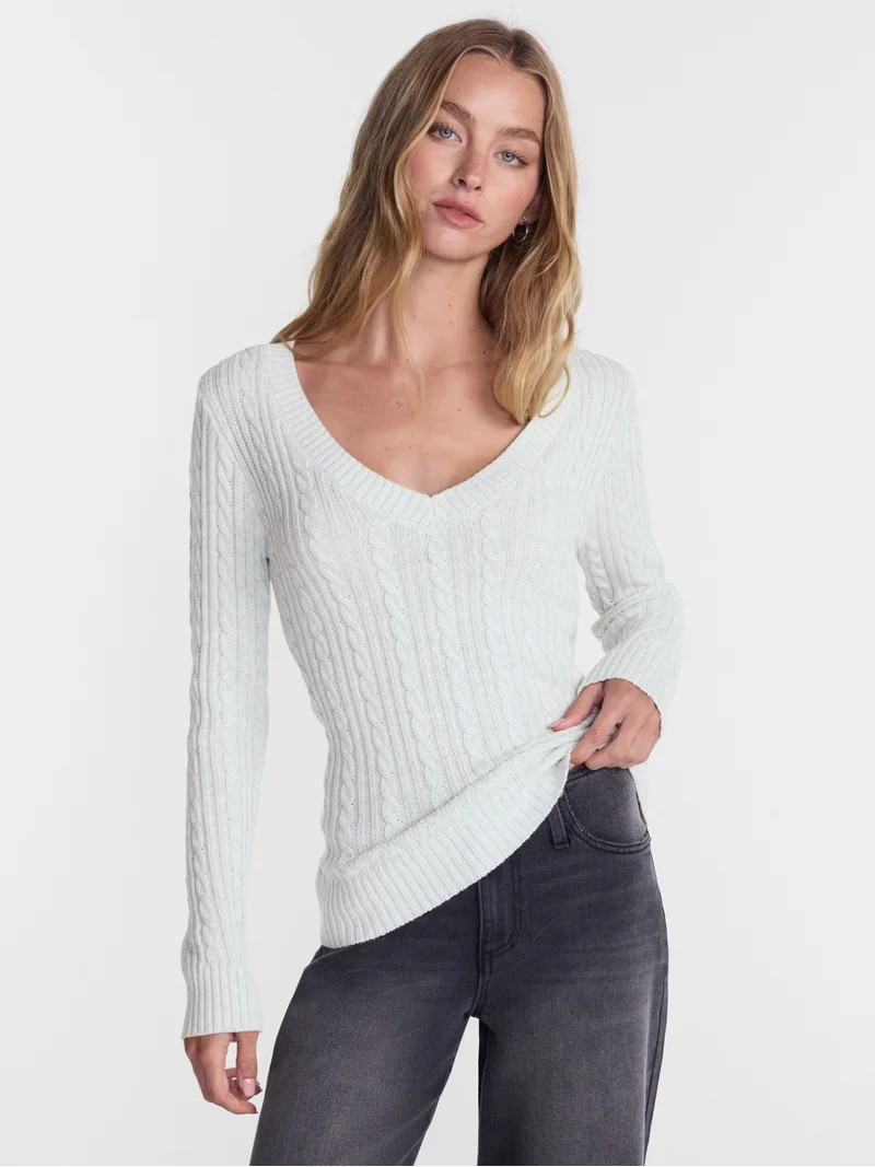 No Boundaries V-Neck Cable Knit Sweater with Long Sleeves, Midweight, Women's XXS-4X | Walmart (US)