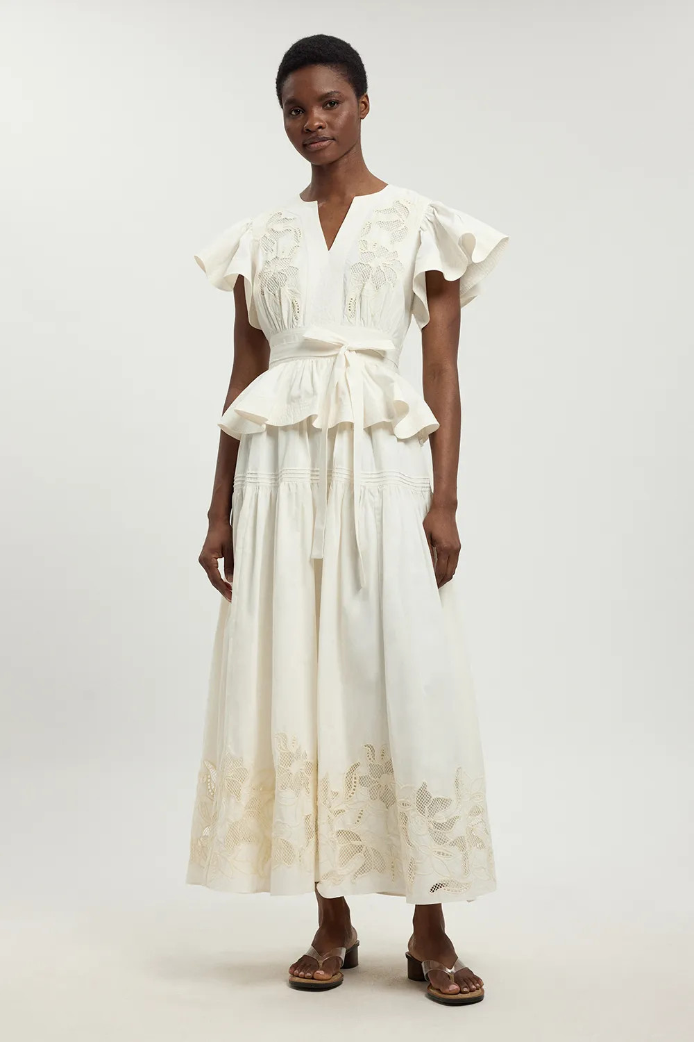 Cotton Cutwork Belted Midi Dress | Karen Millen