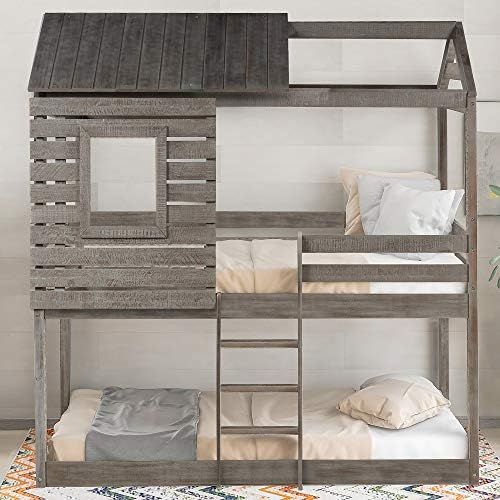 Low Bunk Beds Twin Over Twin Size, Wood Bunk Beds with Roof and Guard Rail for Kids, No Box Spring N | Amazon (US)