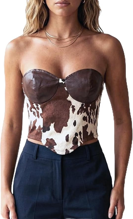 SweatyRocks Women's Cow Print PU Leather Bustier Corset Top Cowgirl Western Country Concert Tube ... | Amazon (US)