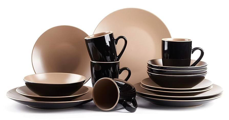 Stoneware Two-Tone Colors Life 16pc Dinner Set, Outside Shiny Black + Inside Matte Glaze Warm Bei... | Amazon (US)