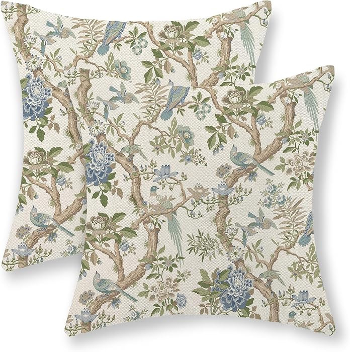 Blue Green Floral Bird Pillow Covers 24x24 Set of 2 Chinoiserie Throw Pillows Green Vintage Flowe... | Amazon (US)