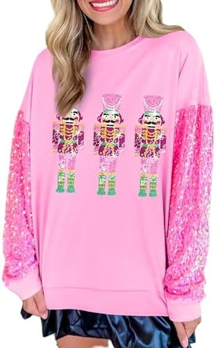 UAURORAO Christmas Sequins Sweatshirts Women Glitter Patch Crewneck Pullover Tops Sparkly Printed... | Amazon (US)