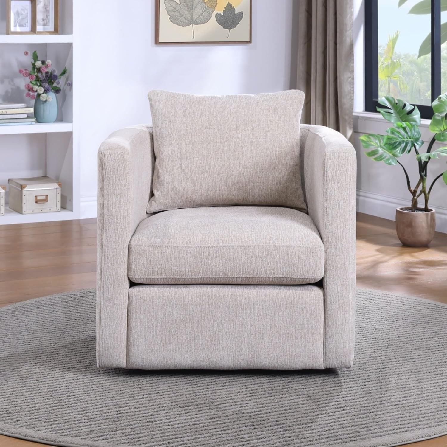 Modern Fabric Swivel Armchair with Reversible Back and Seat Cushion, Upholstered Accent Chair Featuring 360 Degree Rotation, Pocket Coil Foam Padding for Living Room (Beige) | Amazon (US)