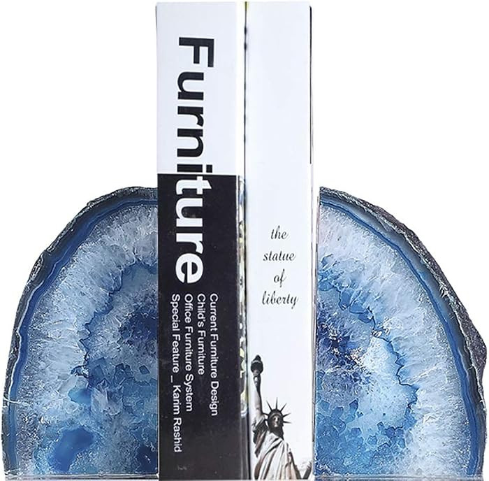 JIC Gem Dyed Blue Agate Bookends Geode Decorative Book Ends for Heavy Books with Rubber Bumpers f... | Amazon (US)