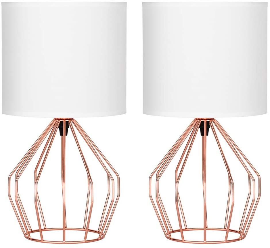 Bedside Table Lamps- Small Nightstand Lamp, Modern Style Rose Gold Hollowed Out Base with Linen F... | Walmart (US)