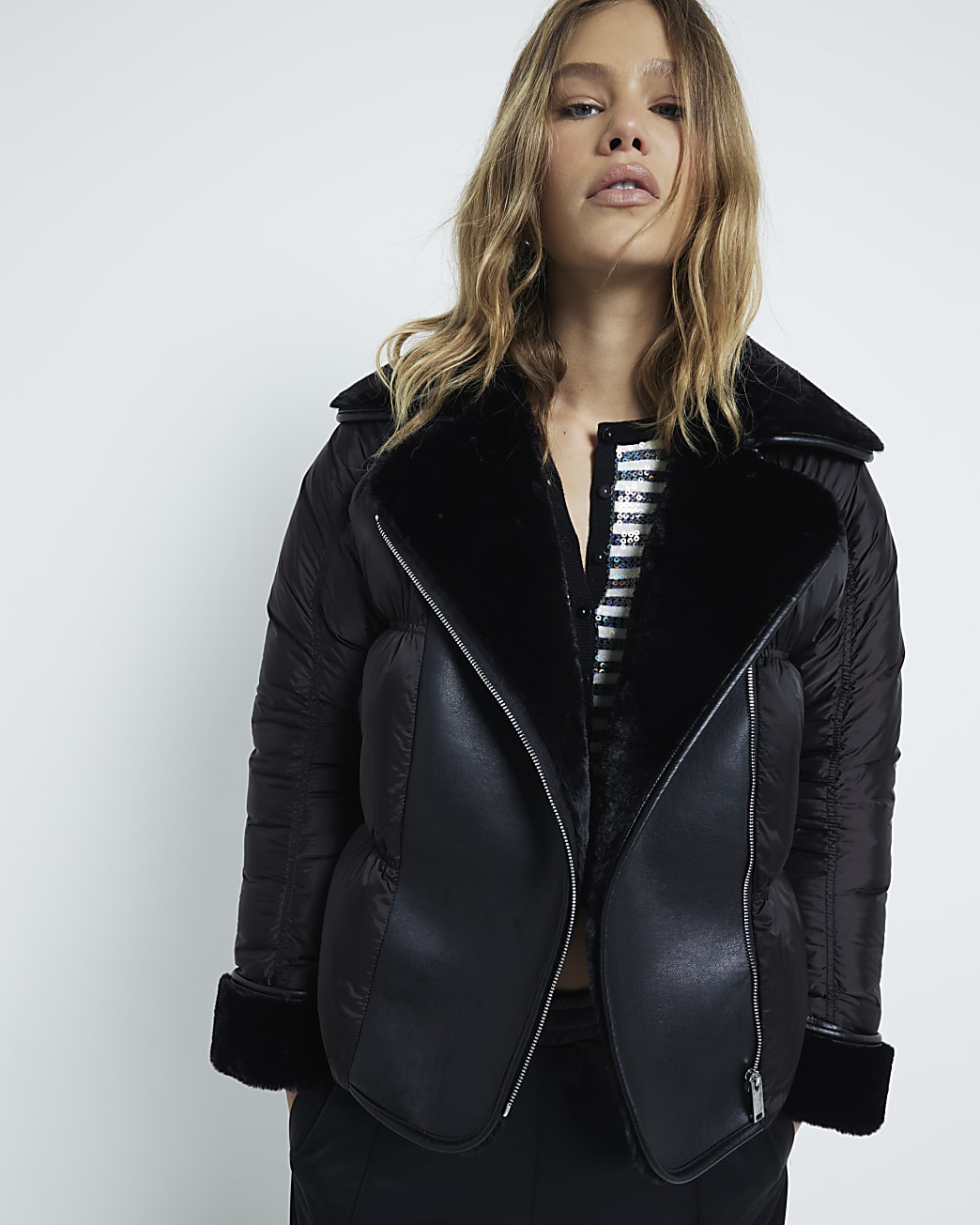 Black Faux Leather Puffer Aviator Jacket | River Island UK & IE