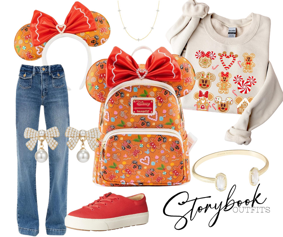 This outfit is pure holiday magic with a Disney twist! 🎄

✨ Gingerbread Minnie Style ✨
Step into the sweetest season ever with this cozy and festive look inspired by Disney’s adorable gingerbread treats! The soft cream sweatshirt covered in candy-cute Mickey & Minnie cookies pairs perfectly with classic denim and red sneakers for an effortless park day or holiday outing.

The showstopper? That gingerbread Minnie Loungefly backpack with matching ears — bright, bold, and full of Christmas cheer! Add a sprinkle of sparkle with pearl bow earrings and a touch of gold jewelry to complete the look.

🎁 Perfect for: Disney park days, Christmas parties, or cozy cocoa dates.
🍪 Style tip: Layer a white tee underneath for extra warmth and that effortless, cute holiday vibe. 

 #LTKStyleTip 

#LTKHoliday #LTKTravel